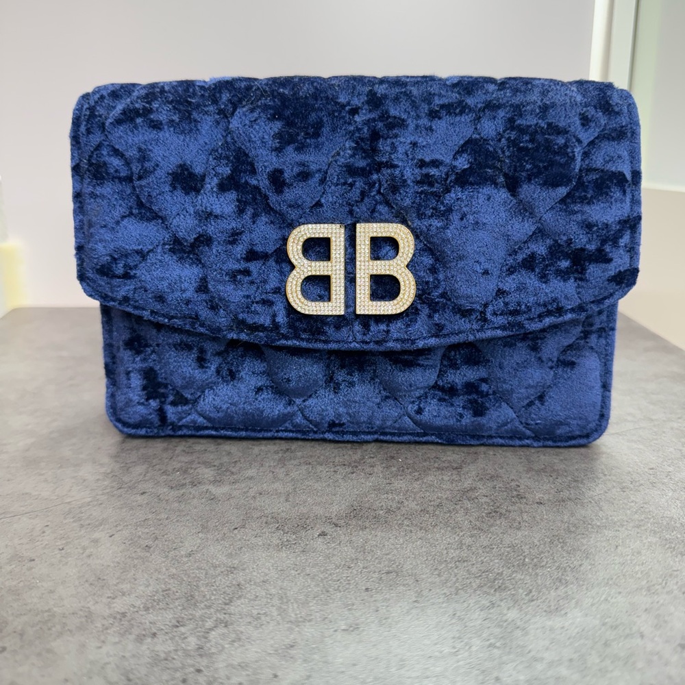 Balenciaga Navy Velvet Clutch with Silver Logo